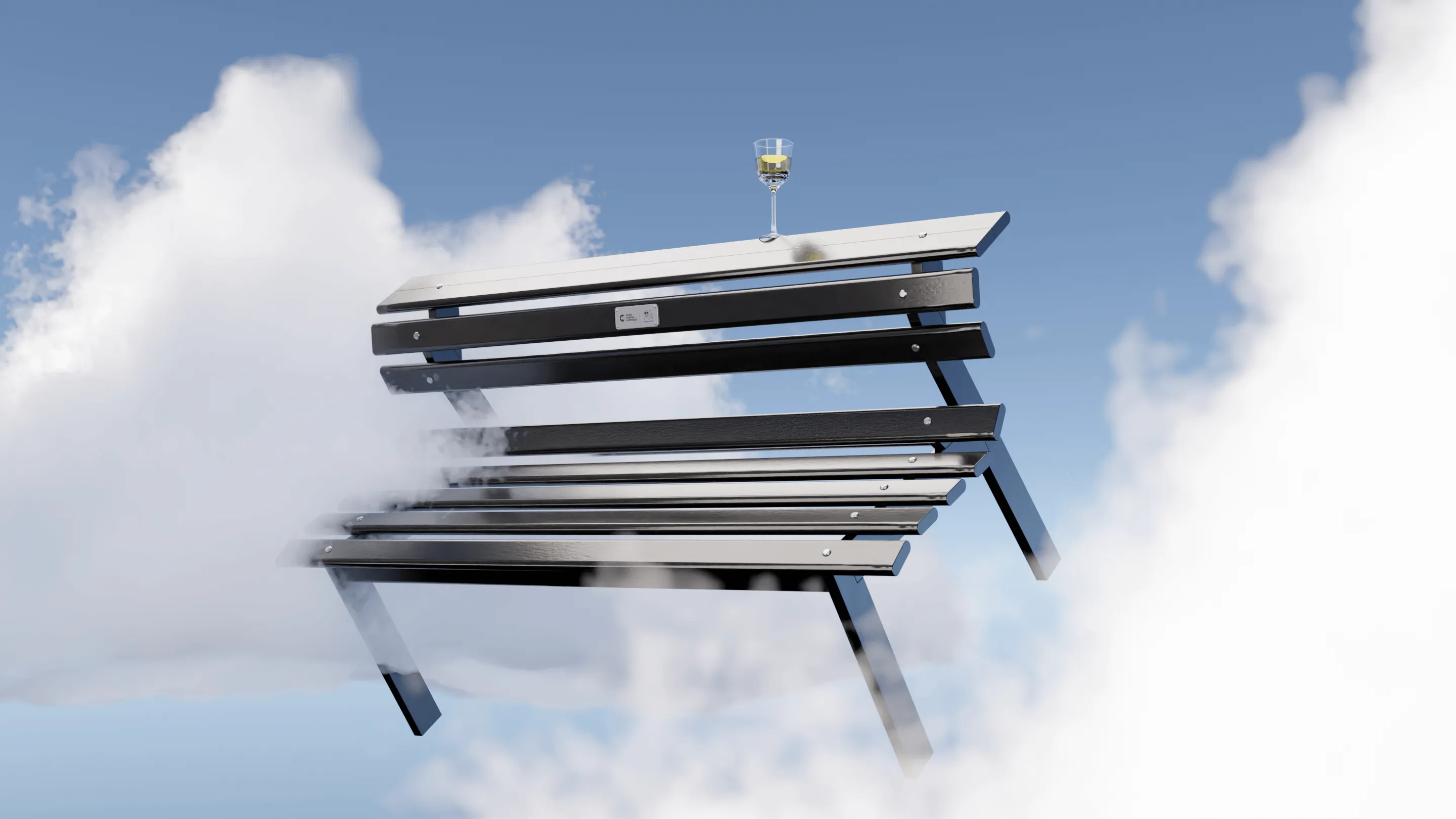 Gerenderte Metallbank schwebt zwischen Wolken am blauen Himmel