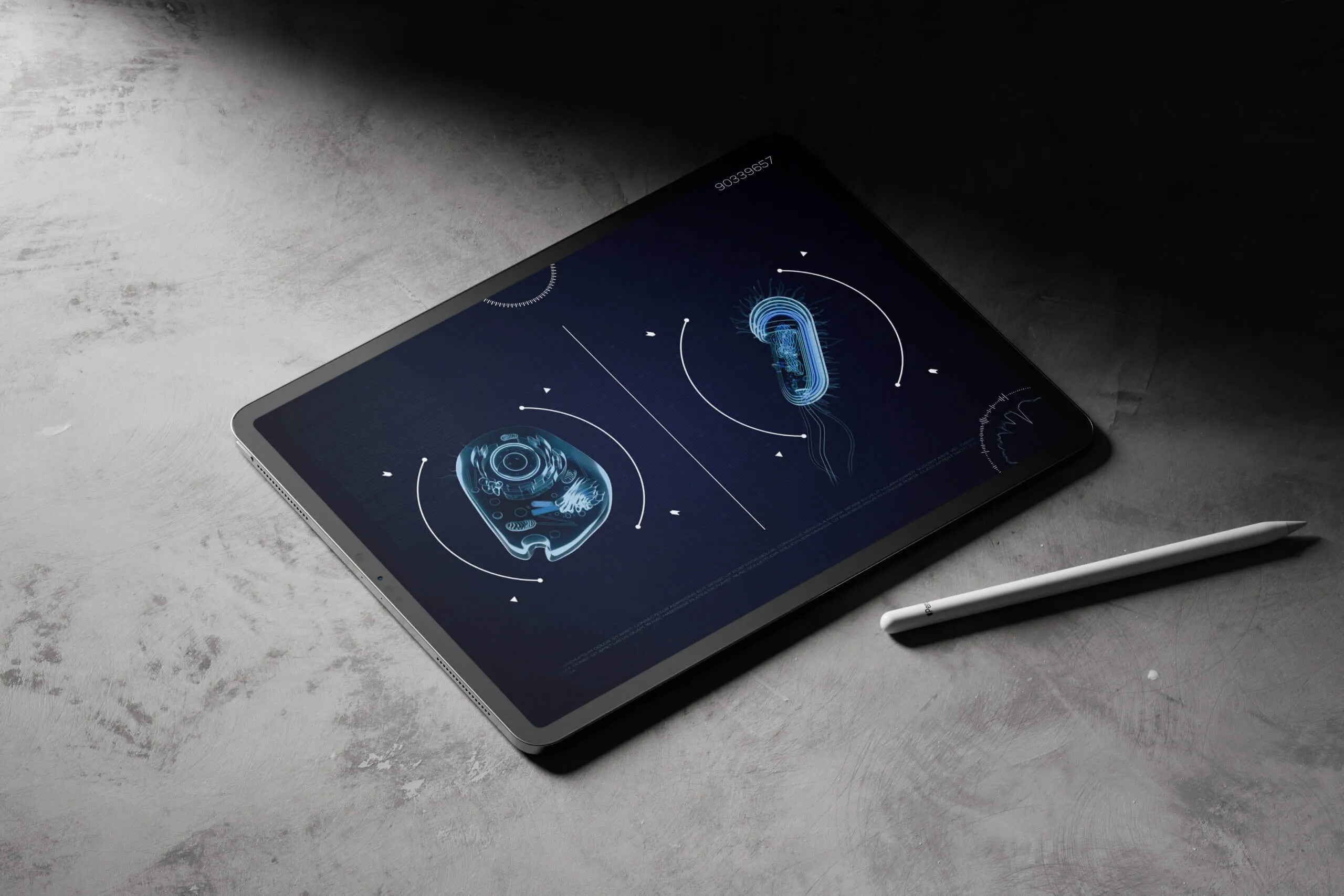 Tablet auf grauem Beton mit der Lern-App: leuchtende Zellgrafiken auf Dunkelblau, daneben ein Eingabestift