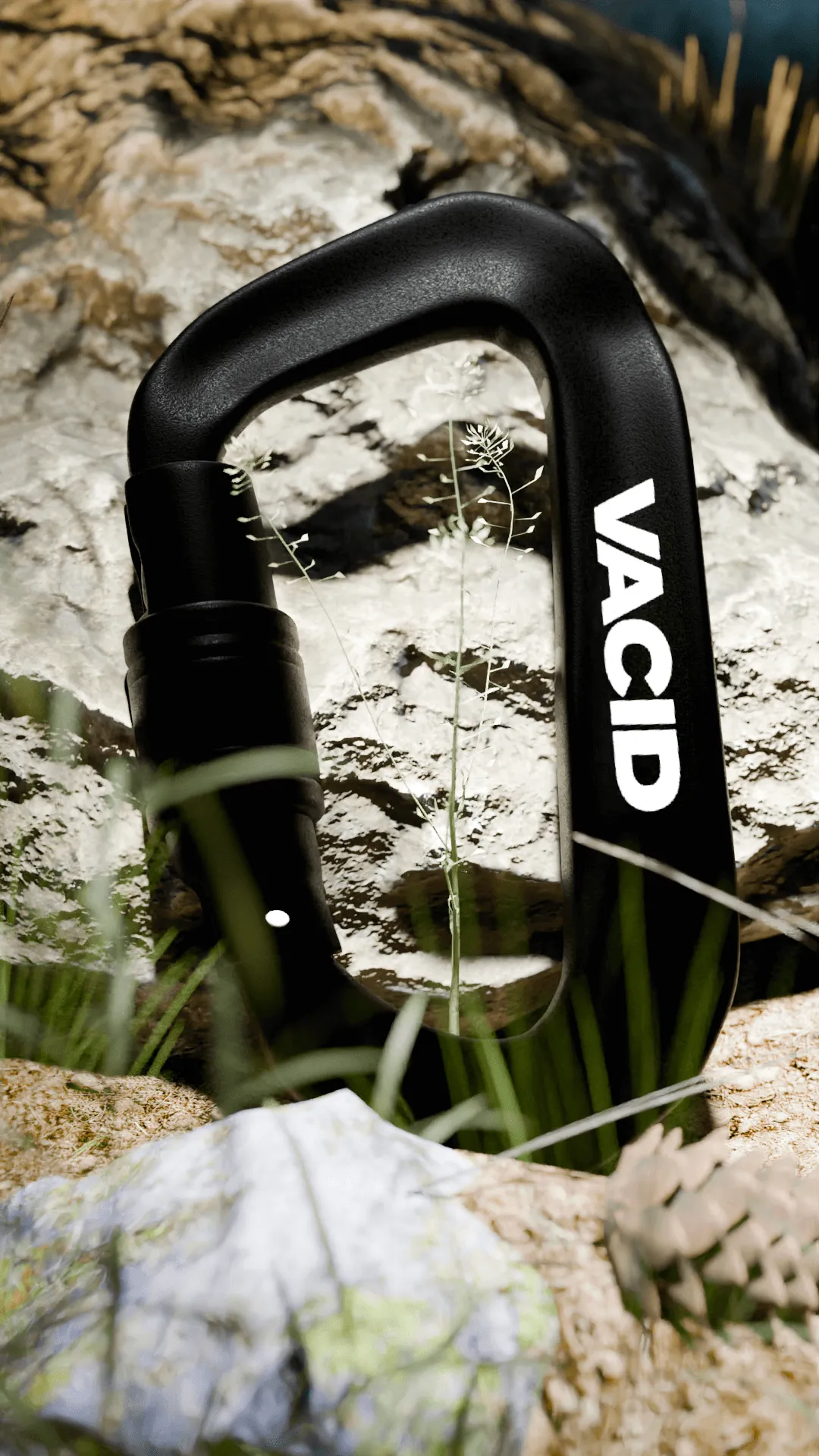 Schwarzer Karabiner mit VACID-Schriftzug auf einem Felsen zwischen Gräsern