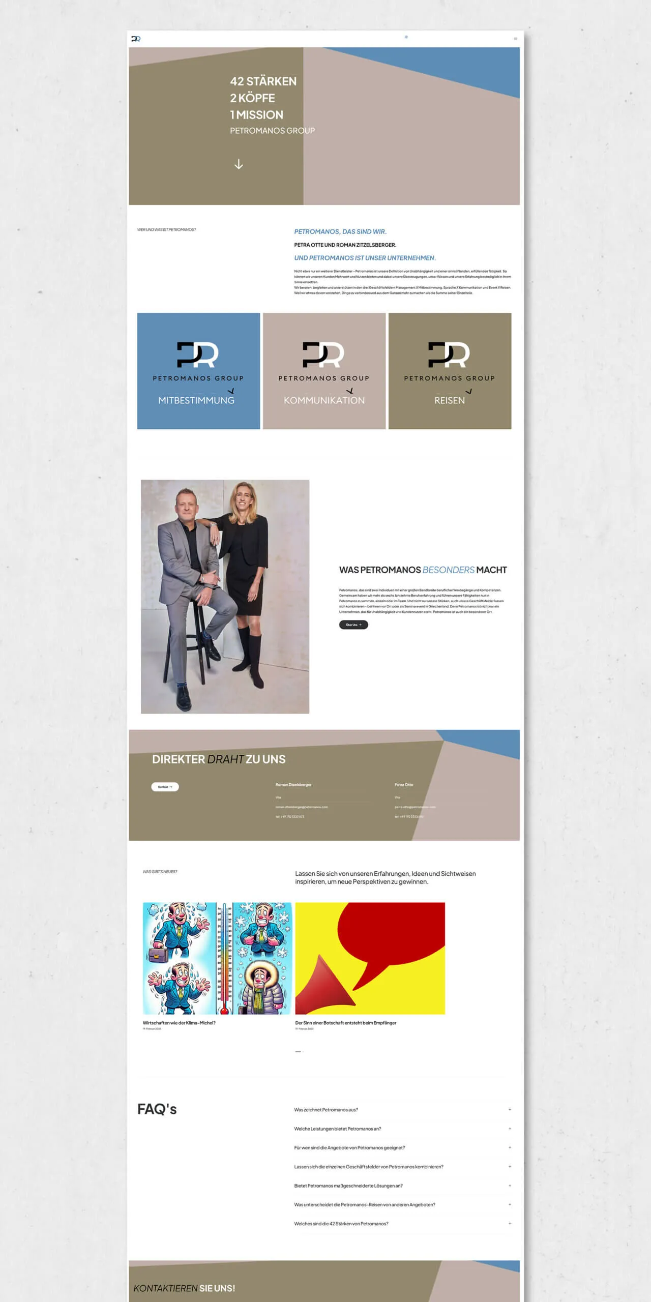 Lange Seitenansicht der Petromanos-Website mit Flächen in Blau, Taupe und Olivgrün